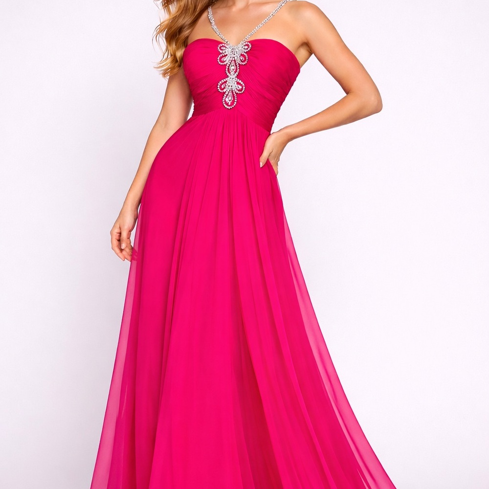 Camille La Vie Strapless Hot Pink Evening Gown with Jeweled Accent